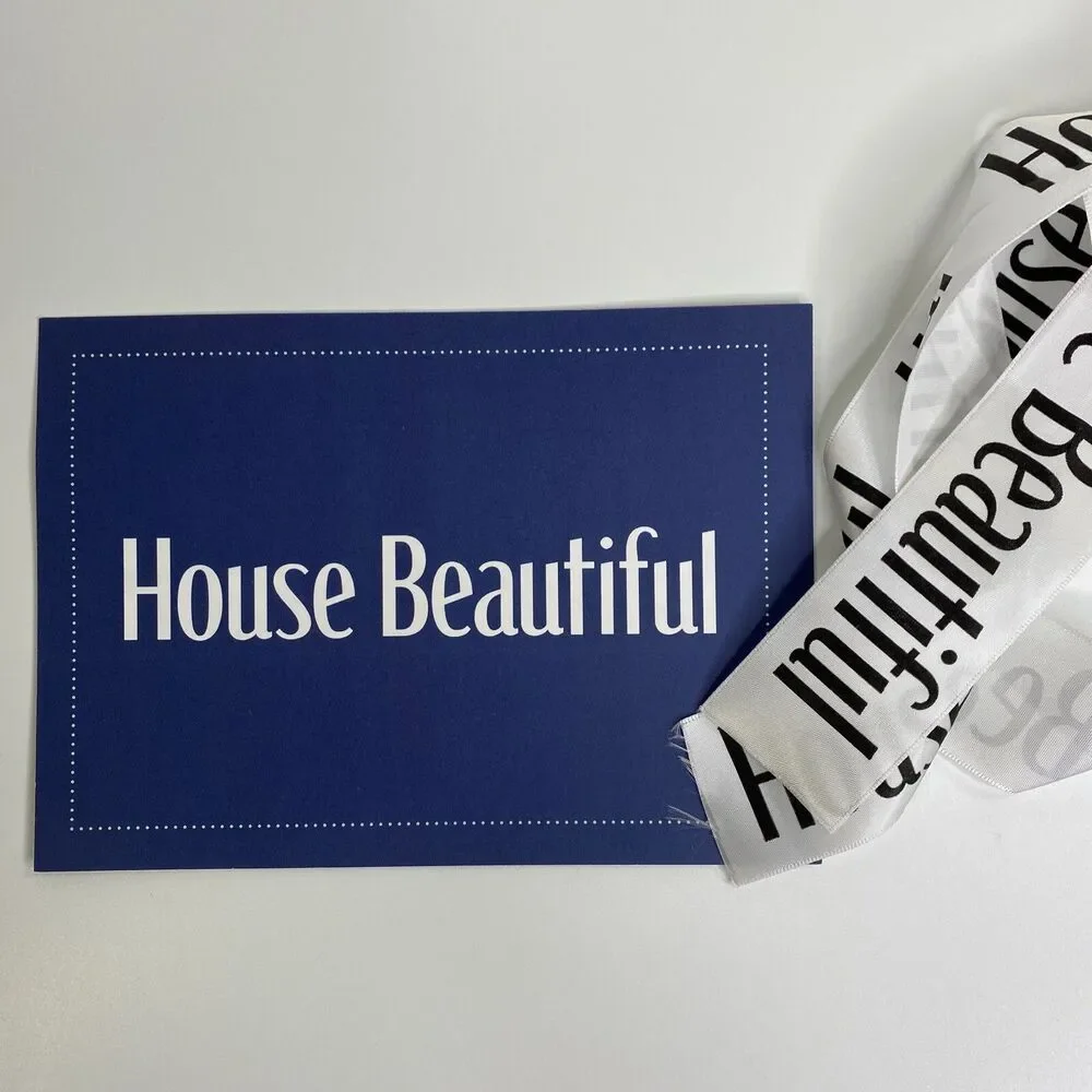 2 House Beautiful Tea Hand Towels‎ Vintage Graphics Ribbon Notecard Farmhouse